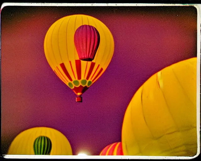 Prompt: multicolored hot air balloons floats over a beach at violet and yellow sunset, whimsical and psychedelic art style, 1 9 6 0 s, polaroid photo, grainy, expired film
