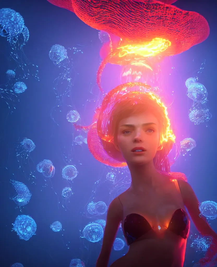 Image similar to close-up portrait of a beautiful girl floating in ethereum surrounded by floating jellyfish, energy flows of fire and water, flashes of plasma, 3d with depth of field, blurred background, a highly detailed epic cinematic concept art CG render. made in Maya, Blender and Photoshop, octane render, excellent composition, cinematic dystopian brutalist atmosphere, dynamic dramatic cinematic lighting, aesthetic, very inspirational, arthouse. y Greg Rutkowski, Ilya Kuvshinov, WLOP, Stanley Artgerm Lau, Ruan Jia and Fenghua Zhong