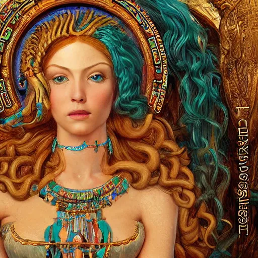 Image similar to artstation, intricate details, hyper details, by gaston bussiere and sandro botticelli, tan skin sumerian goddess inanna, lady of elche, egyptian sumerian features, techno mystic dominatrix goddess intergalactica, inanna with aqua neon rapunzel dreadlocks,