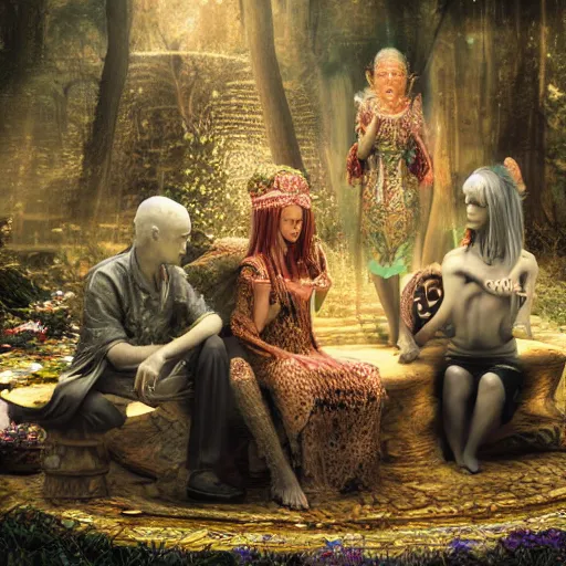 Prompt: mushroom goddess with group of elders, discussing the new season of friends, cynical realism, hiroya oku painterly, yoshitaka amano, chris cunningham, black and white, beautiful lighting, 3 d render, 8 k