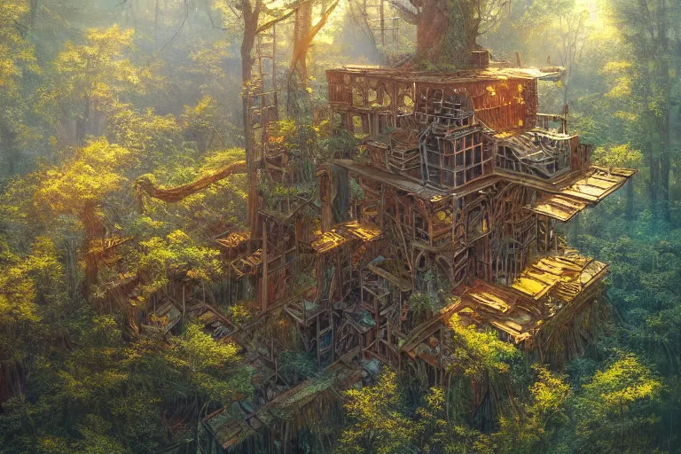 Prompt: aerial view of hidden library in the forest, overgrown, abandoned, wooden shelves, mighty step ladders, volumetric light, golden hour, digital concept art, artstation, cgnation, artwork by gerald brom + bruce pennington + keith parkinson + tom white