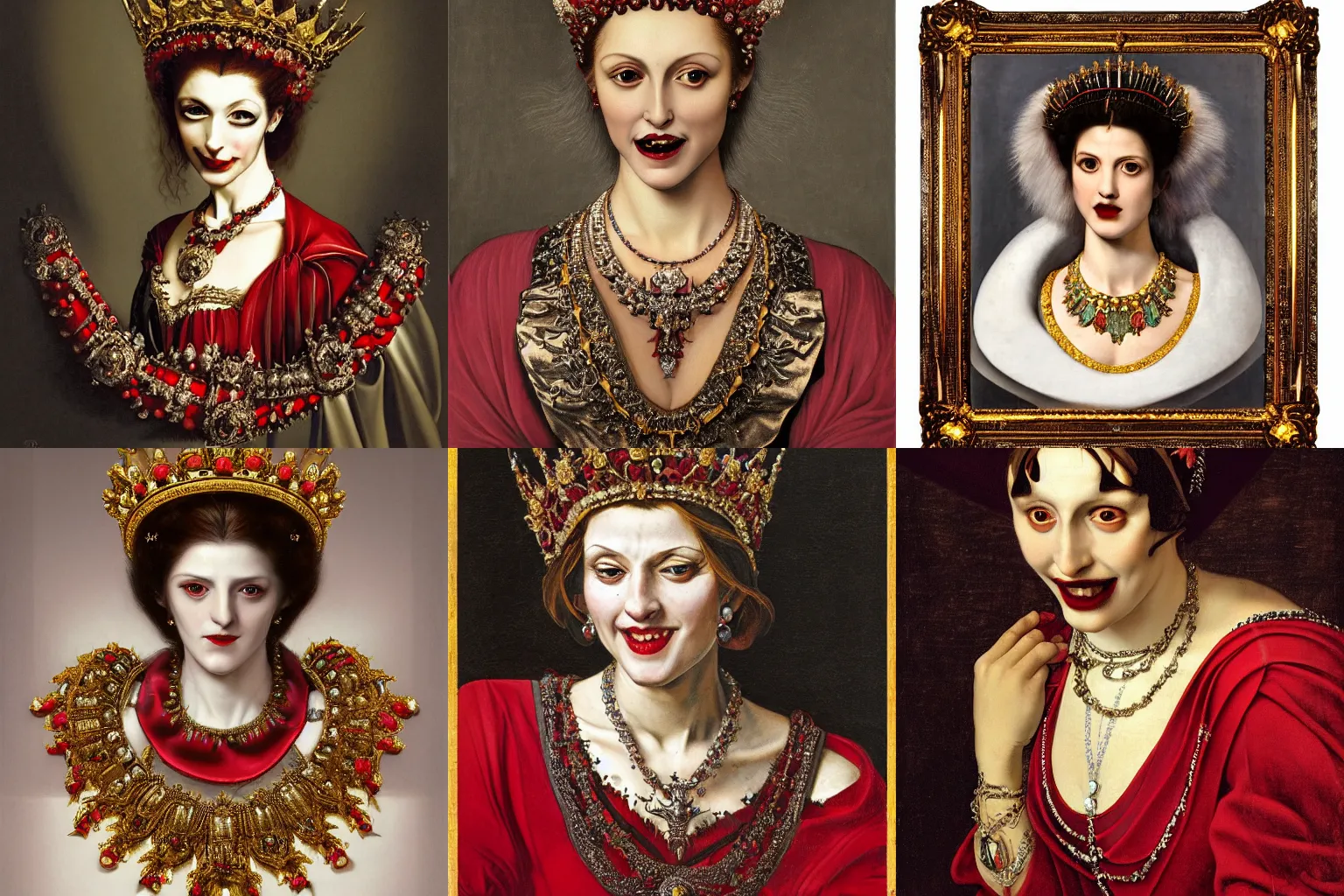 Prompt: A extremely highly detailed majestic hi-res beautiful head and shoulders painting of a beautiful bloody vampire woman with fangs wearing a long royal red silk dress, the crown jewels is on her head and around her neck is a ornate golden necklace decorated with diamonds and rupees and she is smiling wickedly by Michelangelo Merisi da Caravaggio, high detail, hyperrealistic, photorealistic, octante render, cinematic, high textures, royaltly, royal, hyper sharp, 4k insanely detailed and intricate, hypermaximalist, 8k, hyper realistic, super detailed, 4k HDR hyper realistic high,