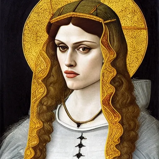 Prompt: alexandra daddario as joan of ark, elegant portrait by sandro botticelli, detailed, symmetrical, intricate