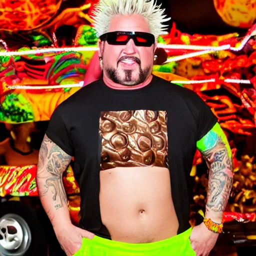 Image similar to guy fieri covered in chocolate wearing a neon colored mesh crop top and pit vipers