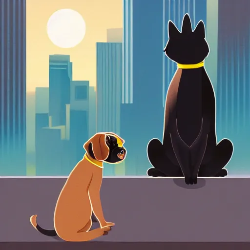 Image similar to a black cat and pug dog hold hands while looking at the city, detailed, contest winner, fursona, anthro, furry