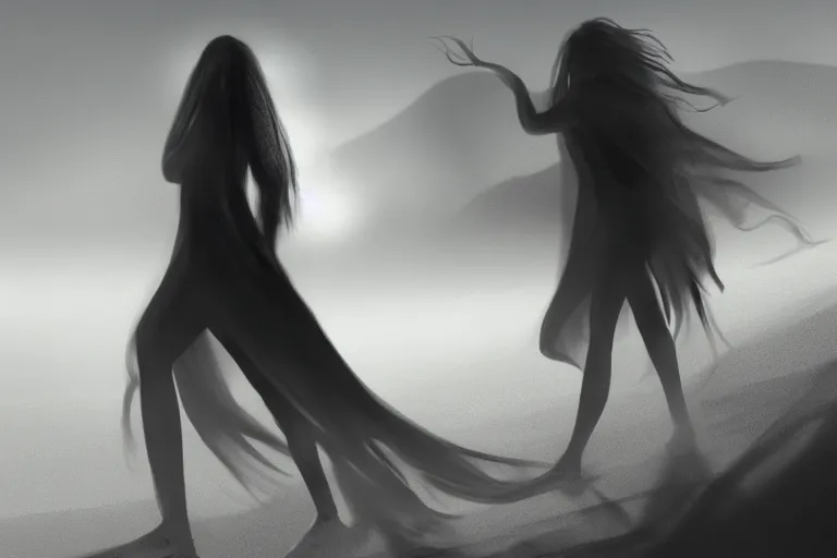 Image similar to a shadowy man and a beautiful pale woman with long black hair walk across the desert with mist in the background, extremely detailed, concept art, trending on artstation,