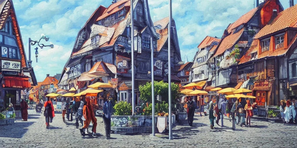 Image similar to Highly detailed oil painting of street life in stavanger by noon, strong atmosphere, oil painting masterpiece by Studio ghibli, symmetry, fractals