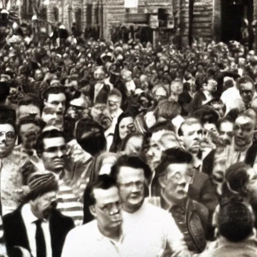 Prompt: a vintage photo of a man with lizard eyes in a crowd of people, old photo, sepia, real photo