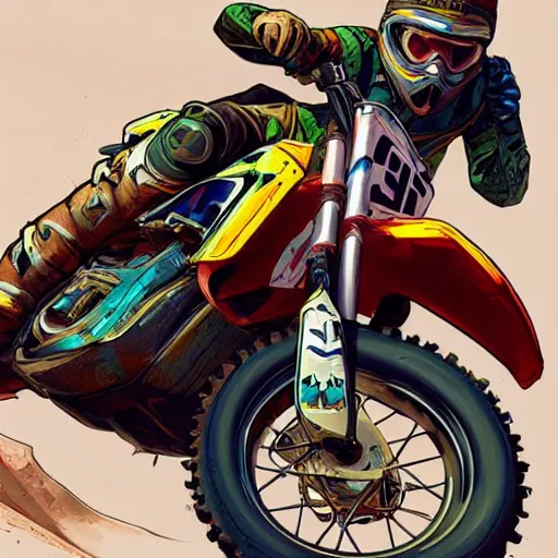 Image similar to motocross bike, gta 5 cover art, in borderlands style, celshading, trending on artstation, by jesper ejsing, rhads, makoto shinkai and lois van baarle, ossdraws