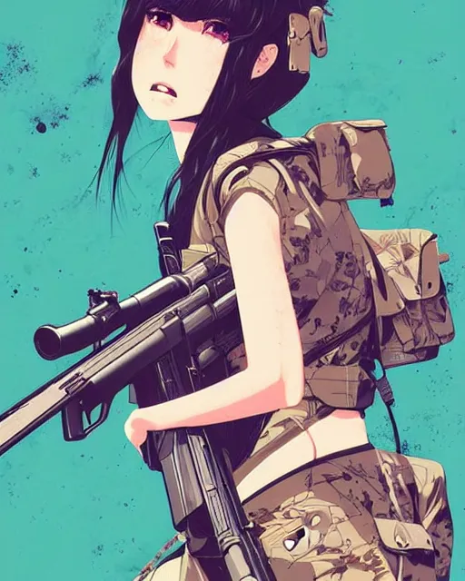 Image similar to girl holding rifle, manga!! detailed manga illustration!! intricate details, aesthetically pleasing pastel colors, poster background, aesthetic details, art by conrad roset and ilya kuvshinov