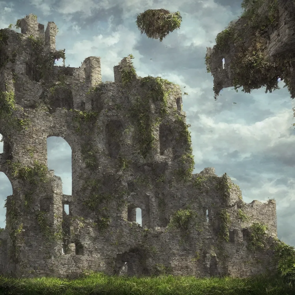 Image similar to looking up at a ruined castle on a small island only reachable by a small land bridge, 8 k, ultra realistic cinematic, intricate, cinematic light, concept art, illustration, art station