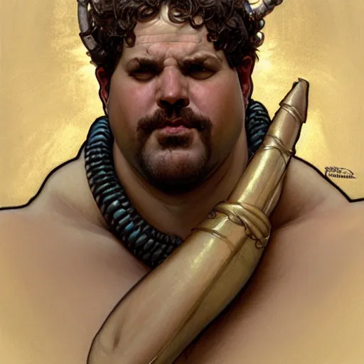 Image similar to Ethan Van Sciver as Greek god Bacchus, bald head, grey beard, pointed nose, gorgeous, amazing, fat, intricate, highly detailed, digital painting, artstation, concept art, sharp focus, illustration, art by greg rutkowski and alphonse mucha