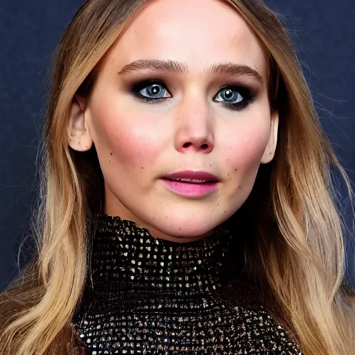 Image similar to a woman who is a genetic combination of jennifer lawrence and elizabeth olsen face and upper - body focus