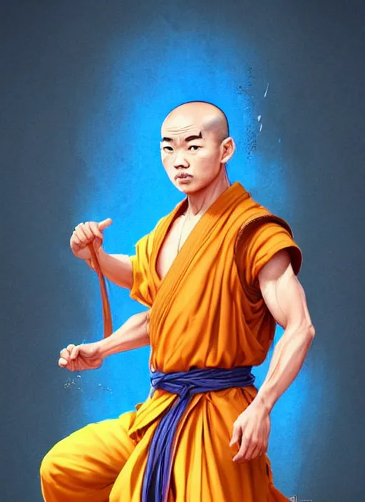 Image similar to male shaolin monk with a pigtail!!!! asian facial features and blue eyes!! intricate ornate blue robes!! character concept art, sharp focus, octane render! unreal engine 5! highly rendered!! trending on artstation!! detailed linework!! illustration by artgerm, wlop, and chie yoshii