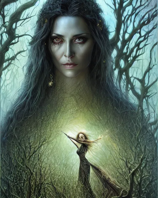 Image similar to a highly detailed airbrush painting of an evil female fantasy sorceress with piercing beautiful eyes standing on a forest meadow, dead trees, night, art by karol bak and donato giancola and mark brooks, centered, full size, hires, 4 k, high resolution, sharp focus