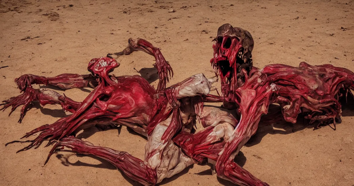 Image similar to in the desert a bloody gross horrifying creature made of muscle and bone and blood stares at the camera, eating, mid day, 35mm photography, realistic,