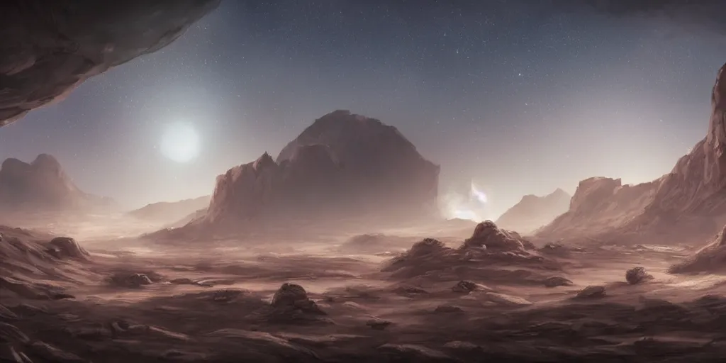Prompt: a gray desert on an alien planet, at night, nebula in the sky, artstation, dramatic lighting, concept art