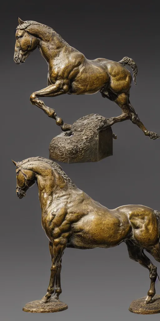 Image similar to detailed photo of an old bronze patina statue of a horse, various pose, photorealism, intricate detail, museum diffuse lighting