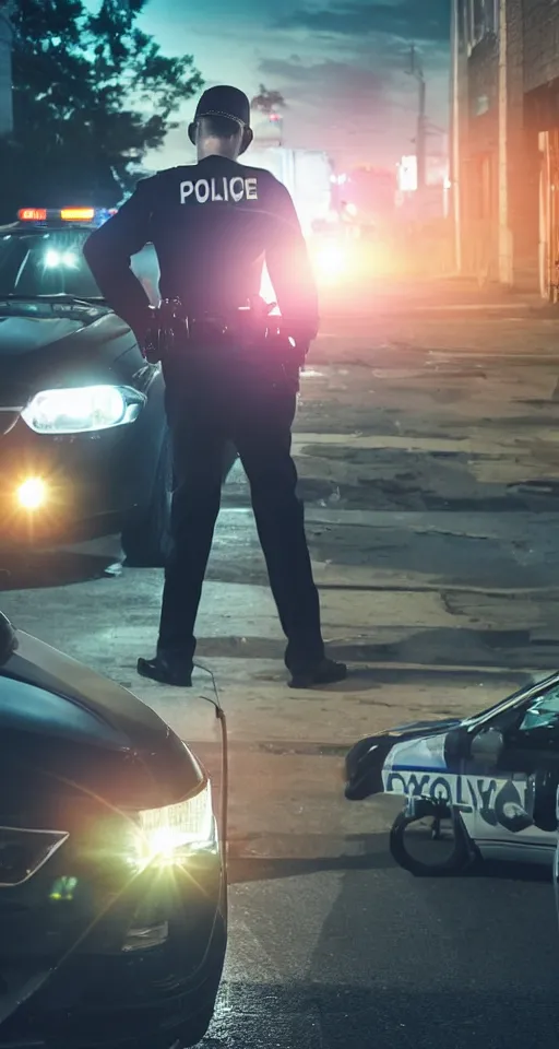 Image similar to man getting arrested by police, police car in background with bright police sirens, lens glare, dramatic lighting, cinematic, establishing shot, extremely high detail, photo - realistic, cinematic lighting