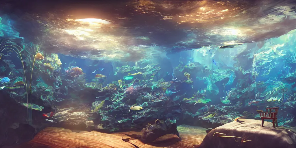 Prompt: an aquarium room where suspicious fishes are visible, cinematic lighting, sun, jellyfishes, glass, reflection, trending on artstation, glare