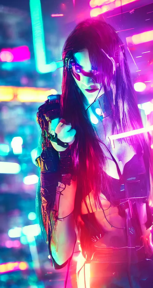 Prompt: cyberpunk women, neon lights, city, glow, sunset, retrowave style,