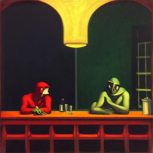 Prompt: “ nighthawks by edward hopper, but with aliens in the cafe.