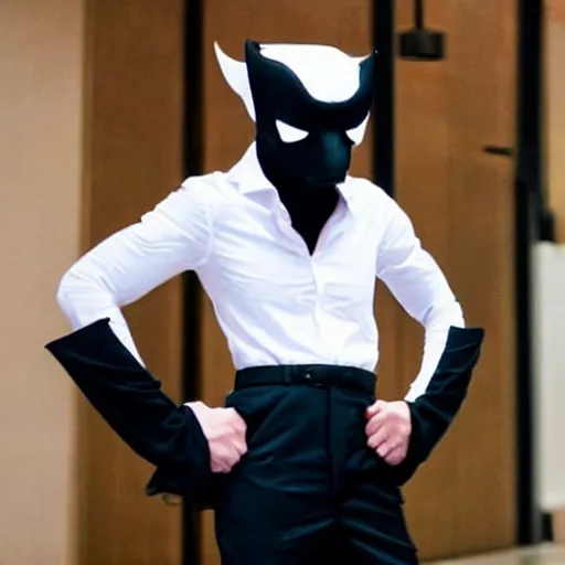 Image similar to a demon boss, short, bowlegged, dark skin, crosseyed, short black hair with a streak of white, black pants, white dress shirt, black covid mask