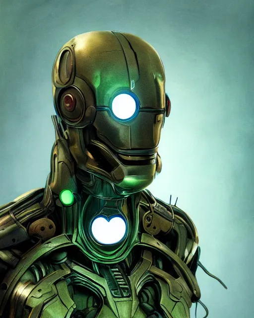 Prompt: portrait of a green ultron from age of ultron, clockwork steampunk, dieselpunk, head and chest only, by beksinski, 4 k, deviantart, 3 d unreal engine, trending on artstation