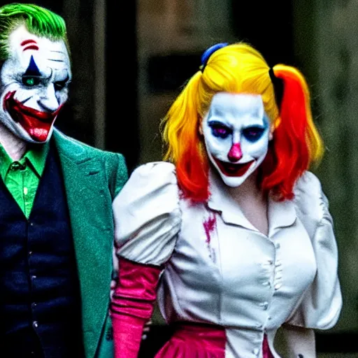 Image similar to 8 k uhd footage from new joker movie, joaquin phoenix as joker and lady gaga as harley quin, paparazzi shot, uhd details