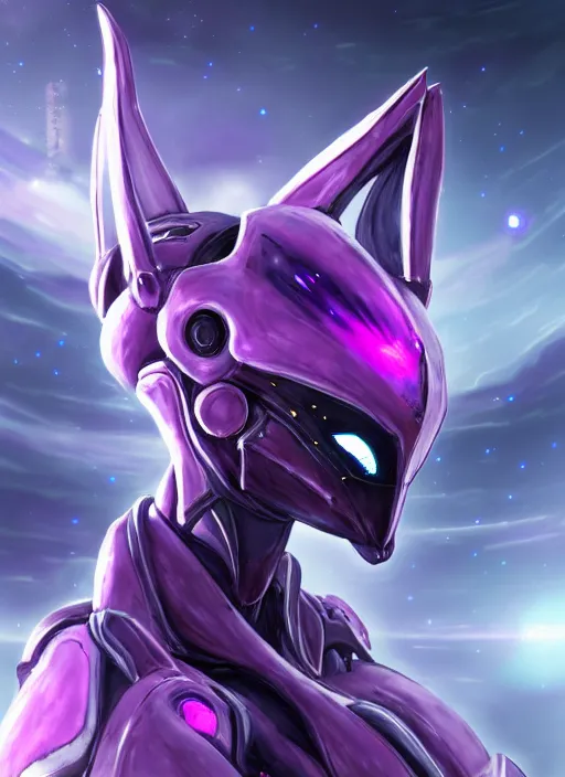 Image similar to cinematic bust shot, cosmic sized proportional stunning beautiful hot female warframe, detailed robot mecha female dragon head, metal ears purple eyes, sleek silver armor, fuschia skin, floating in empty space, nebula sized, posing elegantly, epic proportions, epic size, epic scale, furry art, dragon art, giantess art, warframe fanart, furaffinity, deviantart