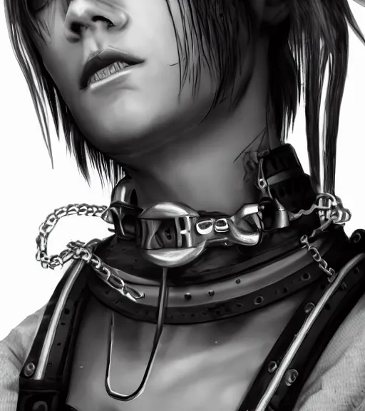 Image similar to detailed realistic female character cyberpunk wearing thick steel collar around neck, realistic, art, beautiful, 4K, collar, choker, collar around neck, punk, artstation, detailed, female, woman, choker, cyberpunk, neon, punk, collar, choker, collar around neck, thick collar, tight around neck, punk, choker