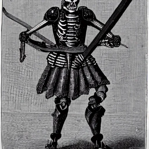 Prompt: skeleton in a colourful landsknechts uniform, wielding a sword