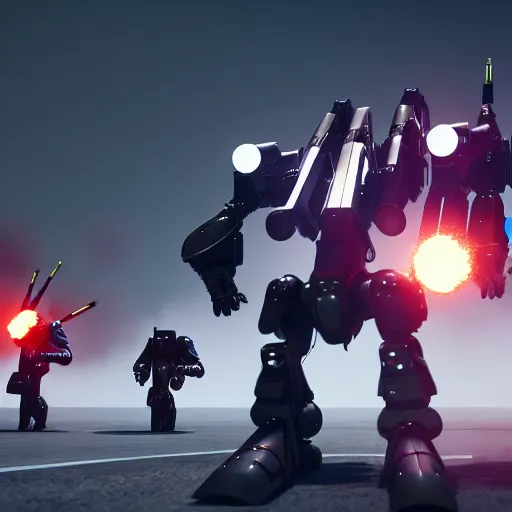 Prompt: futuristic mechs with miniguns and rocket launchers walking into battle, highly detailed, 4 k, hdr, award - winning, unreal engine, trending on artstation, volumetric lighting
