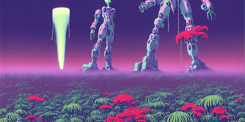 Prompt: risograph matte painting, gigantic huge evangelion - like giant robot covered with flowers, a lot of exotic vegetation, trees, flowers, tall grass, pastel matte colors, staying in the foggy huge dark night forest covered with web and cotton and a lot of glow - worms, by moebius, hyperrealism, intricate detailed, risograph