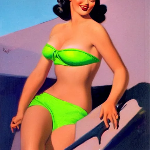 Image similar to portrait of pin up girl in a neon green bikini, art by gil elvgren, earl moran, joyce ballantyne, art frahm