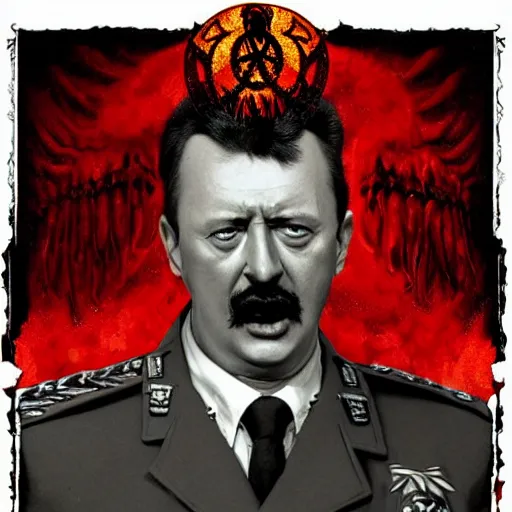 Image similar to igor ivanovich strelkov became an bloody angry degraded satanic hellfire demon and calling for total mobilization, photo - realistic, color image, 2 k, highly detailed, bodyhorror, occult art