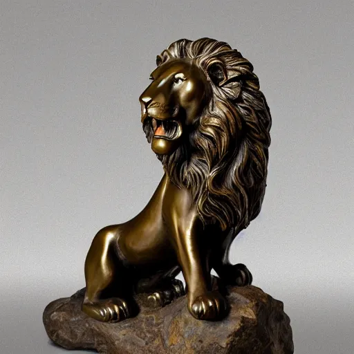 Prompt: bronze sculpture of a lion standing on a rock