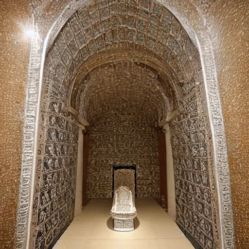 Image similar to the crypt of a king which consists mostly of his body encased in diamond and sitting on his throne. the tomb is ornate and the body is visible and unblemished