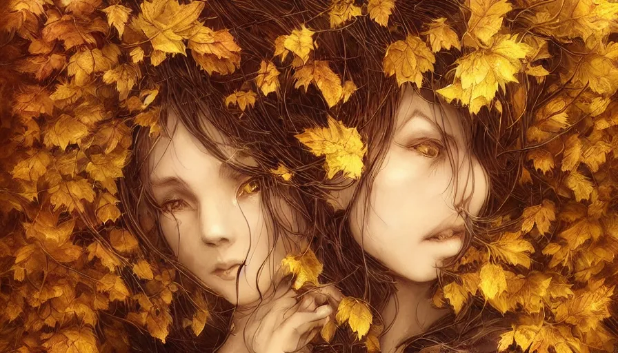 Image similar to golden leaves at frame border, creative!!! composition for a book cover!!!, absurdly beautiful, ultrafine hyperrealistic detailed old!! witch face by wlop and artgerm and greg rutkowski, intricate linework, sharp focus, smooth, octopath traveler, final fantasy, unreal engine, dramatic lighting, ethereal, 8 k
