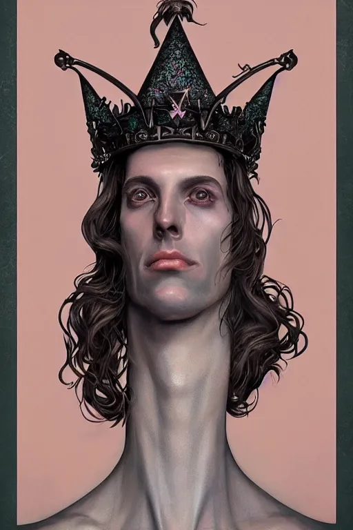 Image similar to portrait of a tall thin man wearing an elaborate crown, straight on portrait, by artgerm, tom bagshaw, gerald brom, vaporwave colors, lo fi colors, vaporwave, lo fi, 2 point studio lighting, dramatic lighting, creepy aesthetic, 4 k, hd,