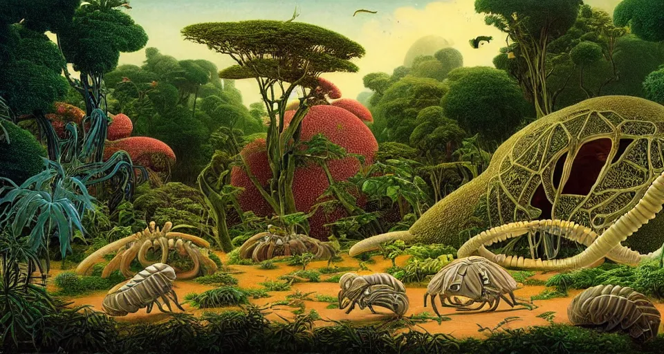 Image similar to huge woodlouse, bones of dead animals, a landscape on the moon with many craters, huge woodlouse, a beautiful flowering garden, a lot of exotic vegetations, trees, intricate detaild, pale colors, 8 k, in the style of martin johnson heade and roger dean