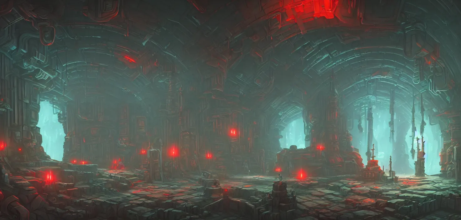 Prompt: game asset ori parallax underground scifi dungeon interior environment, studio ghibli, catacombs, matte painting, h. r giger, in gouache detailed paintings, props, stylized, 2 d sprites, kitbash, arcane, overwatch, blue and red, green color scheme, 8 k, close up