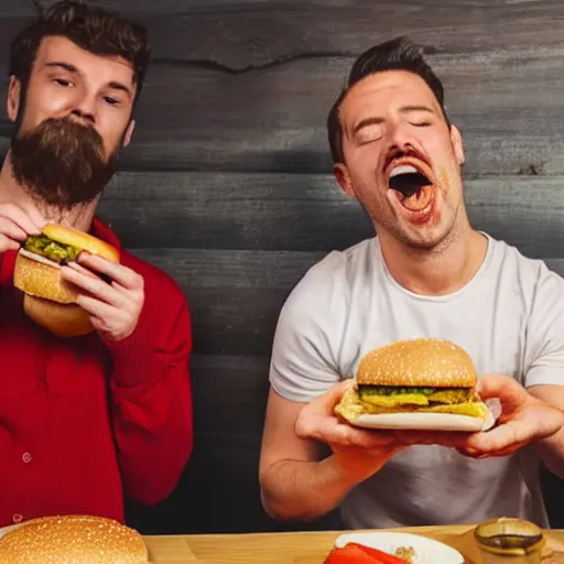 Image similar to a real man eating a real burger in real life
