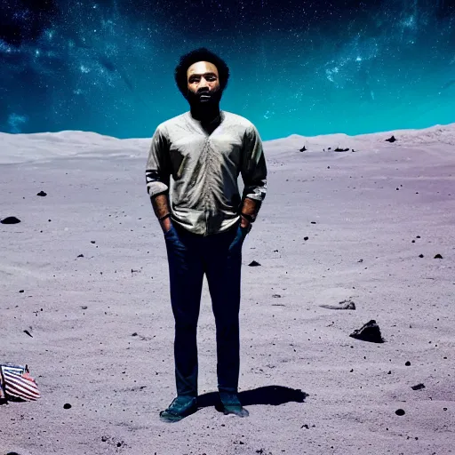 Prompt: Childish Gambino standing on the moon with earth in the back. Photorralistic.