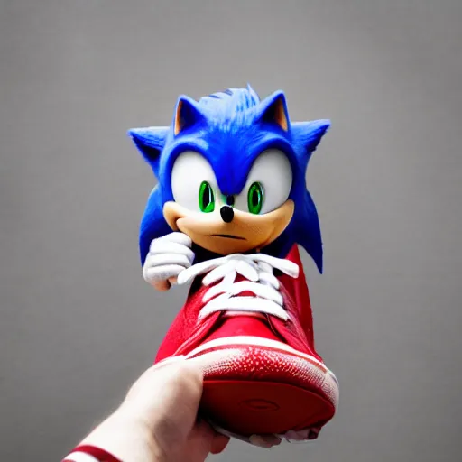 Image similar to sonic the hedgehog holding up foot wearing red shoe, mouldy stinky sweaty dank moist backlit rim lighting professional foot photography