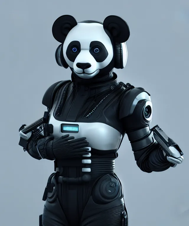 Image similar to futuristic cyberpunk android panda, duo tone, reflective skin, 8k octane very detailed render, stunning realistic render inspired by Ian Spriggs, studio render quality, dim lighting, hyper detailed, hyper realistic, trending on Artstation