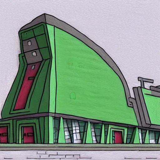 Prompt: a real concrete building with anthropomorphic qualities. a painting of sceptile by ricardo bofill. one building that reminds me of a green lizard with a red mouth. clearly a building. poorly drawn, bad, low quality, ugly, not very aesthetic at all in fact