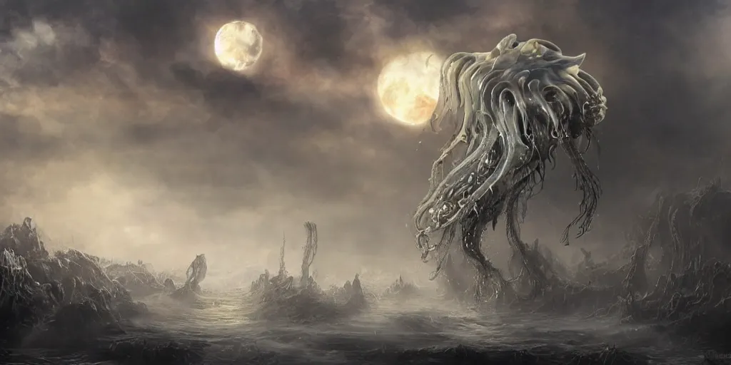 Prompt: concept art of giant translucent jellyfishes, lovecraftian, lots of teeth, melting horror, round moon, rich clouds, fighting the horrors of the unknown, high resolution, very detailed, roaring, volumetric light, mist, grim, fine art, decaying, textured oil over canvas, epic fantasy art, very colorful, ornate