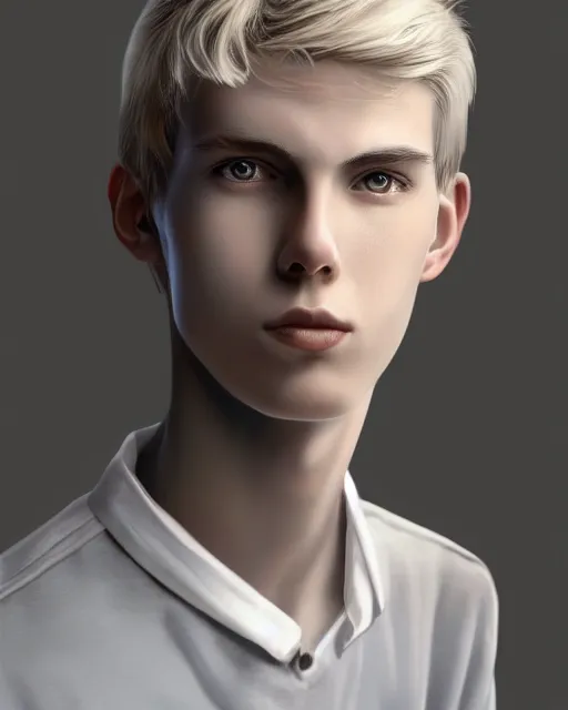 Image similar to portrait of 1 5 - year - old boy, a tall, slender boy with a pale, pointed face, sleek blond hair, and ice grey eyes, wearing in shirt, hyper realistic face, beautiful eyes, character art, art by mark brooks, hyperdetailed, cryengine, trending on artstation, digital art