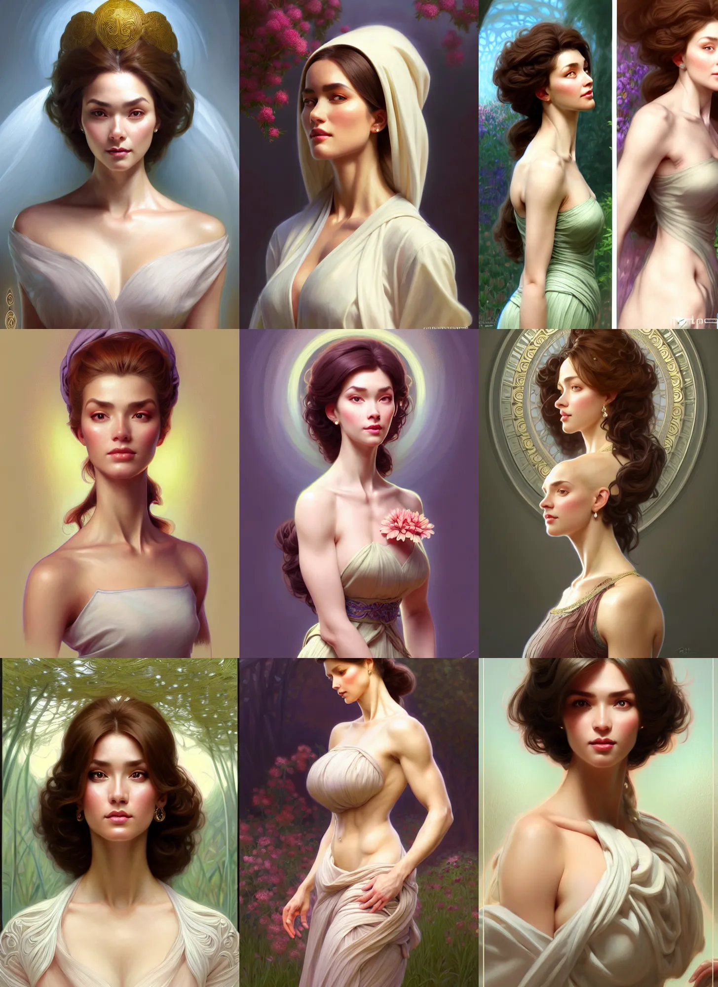 Image similar to character concept portrait of me as modest wife blessed by god to grow ever - more intelligent beautiful voluminous muscular tall healthy and alive. modestly clothed, in garden, intricate, elegant, highly detailed, digital painting, artstation, concept art, symmetry, smooth, sharp focus, illustration, art by artgerm and rutkowski and mucha